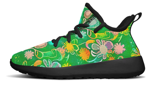 Green Stylised Flowers - Kids Sneakers