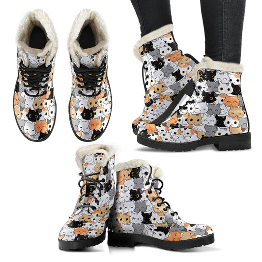 Cat Faces - Cosy Boots Women's Faux Fur Leather Boots - Black - Cat Faces - Cosy Boots / US5 (EU35) Shoezels™