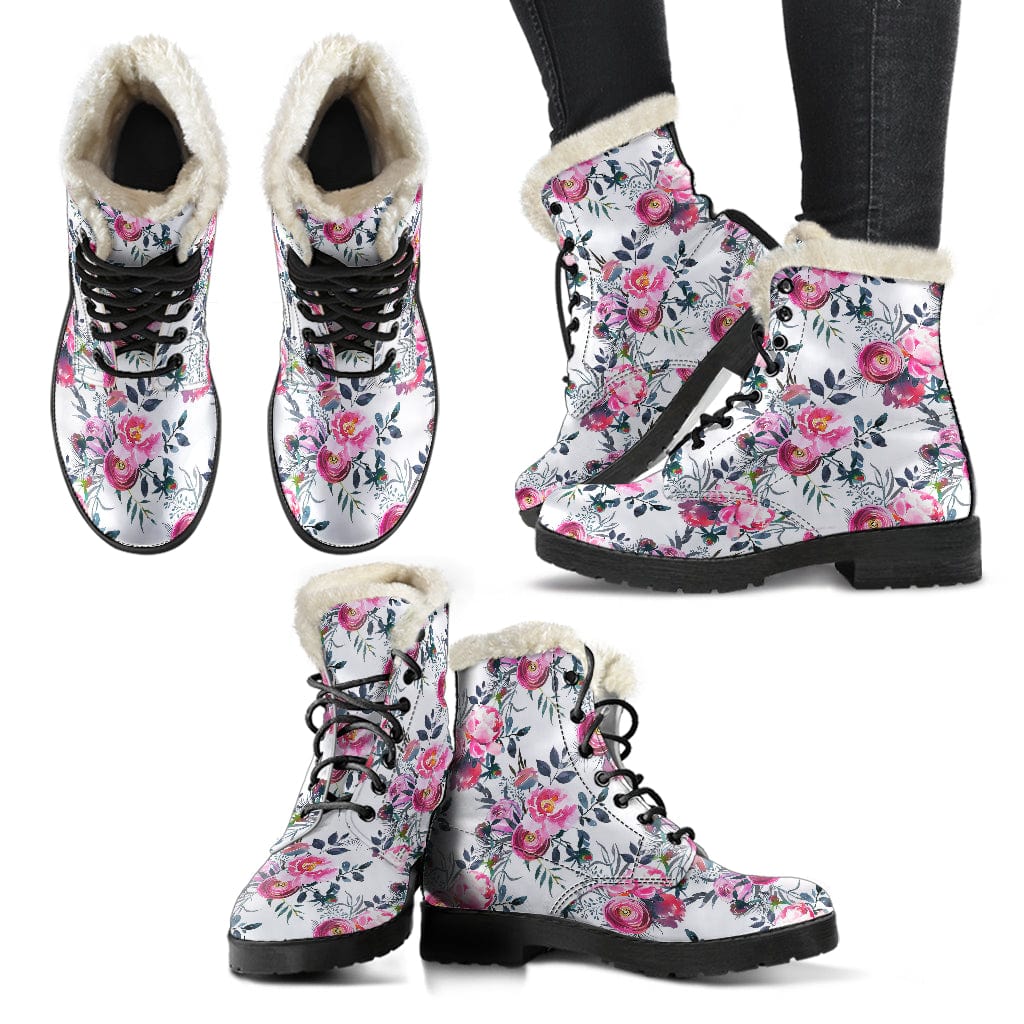 Floral Roses and Peonies Cruelty Free Fur Lined Leather Boots