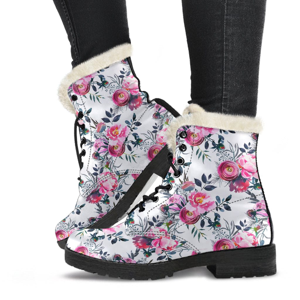 Floral Roses and Peonies Cruelty Free Fur Lined Leather Boots