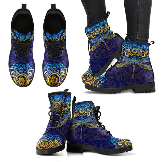 Mandala Dragonfly Colorful Cruelty Free Leather Boots