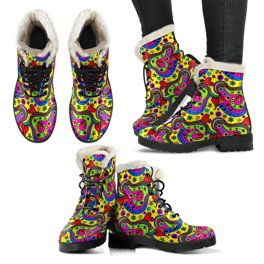 Colour Doodle - Cruelty Free Fur Lined Boots Women's Faux Fur Leather Boots - Black - Colour Doodle - Cruelty Free Fur Lined Boots / US5 (EU35) Shoezels™ Shoes | Boots | Sneakers