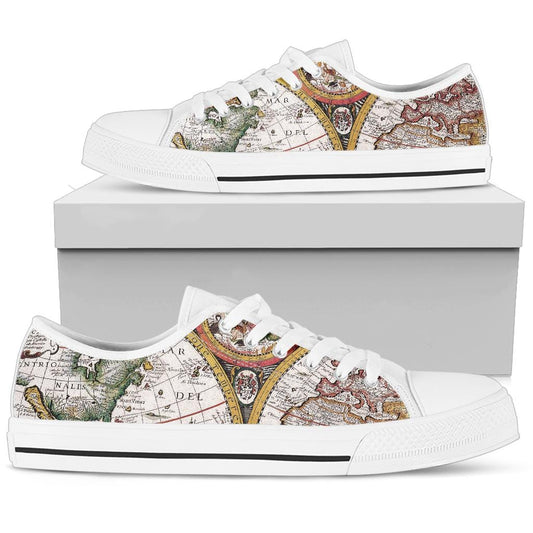 Vintage World Map - Low Tops Womens Low Top - White - Vintage World Map - Low Topw / US5.5 (EU36) Shoezels™
